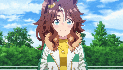 a girl with brown hair and blue eyes is wearing a yellow shirt and a green jacket