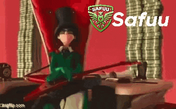 a cartoon character in a top hat is sitting on a chair with the words safuu written on the bottom