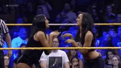 two women are wrestling in a wrestling ring while a crowd watches .