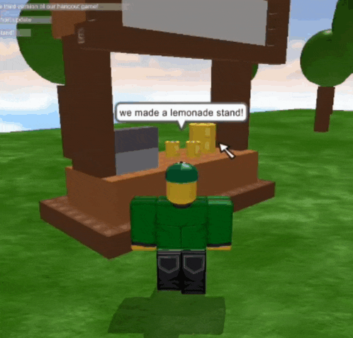 a man in a green shirt stands in front of a lemonade stand