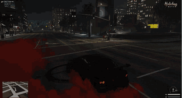 a video game screen shows a car driving down a street with a holiday city sign in the background
