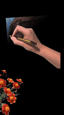 a woman 's hand is holding a pen in front of a black screen