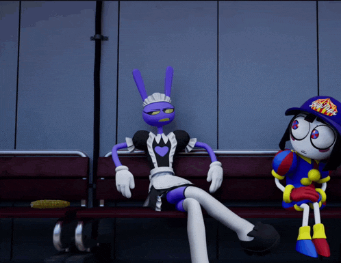 two cartoon characters sitting on a bench one wearing a maid outfit and the other wearing a hat with a flame on it