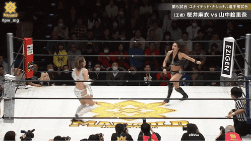 a woman in a wrestling ring with the word ezigen on the side