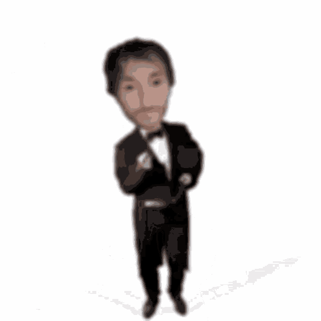 a man in a tuxedo is holding a violin and a question mark in front of him .