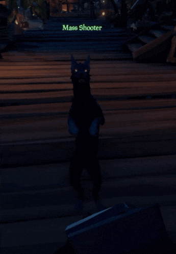 a video game character named mass shooter is standing on a wooden platform