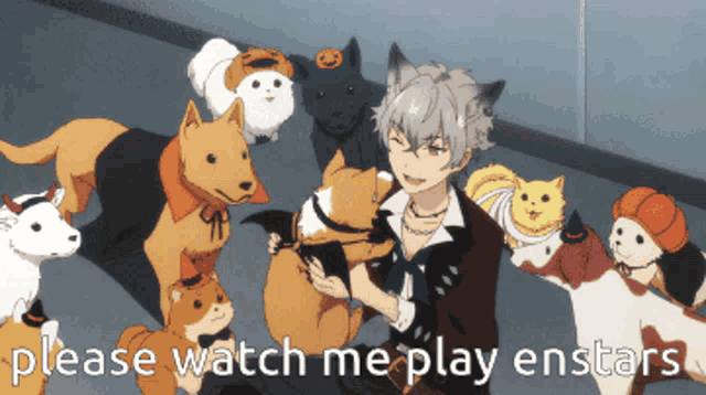 a man is surrounded by dogs and cats with the words please watch me play enstars