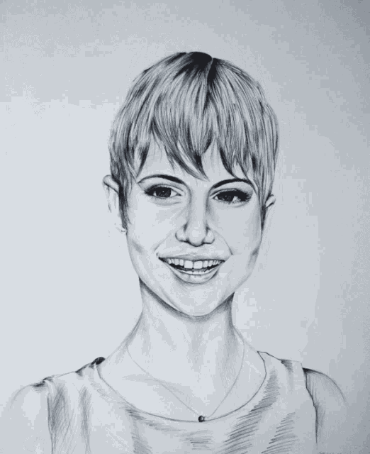 a black and white drawing of a smiling woman