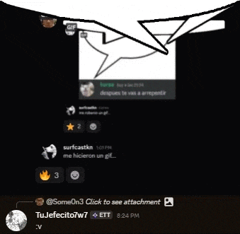 a black screen with a speech bubble that says ' someon3 click to see attachment ' on it
