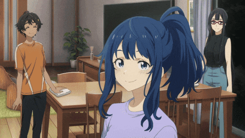 a girl with blue hair in a ponytail stands in a room with other people