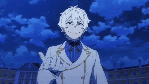 a cartoon character with white hair and a blue shirt is giving a peace sign