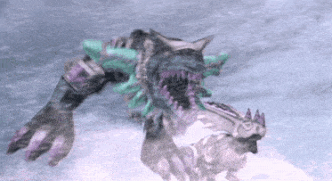 a purple and green monster with sharp teeth is in the water