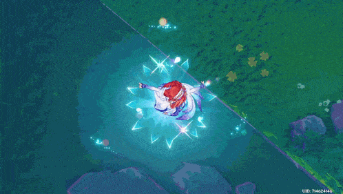 a video game character is floating in the air with a blue flower surrounding her
