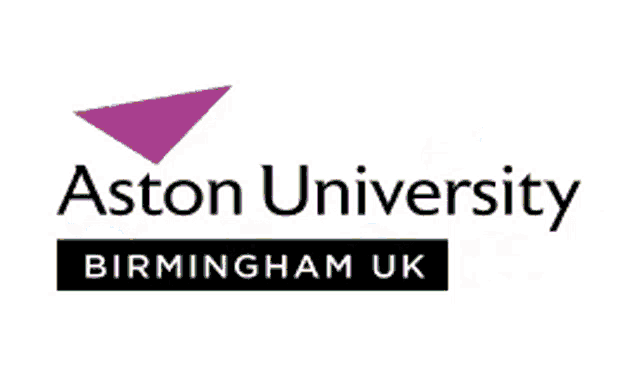 a logo for aston university birmingham uk with colorful graduation caps