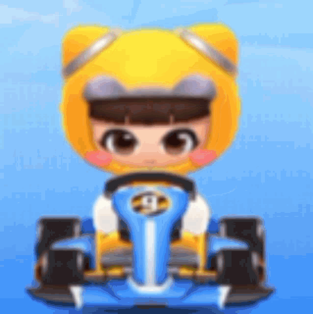 a cartoon character is driving a go kart with a yellow helmet on .