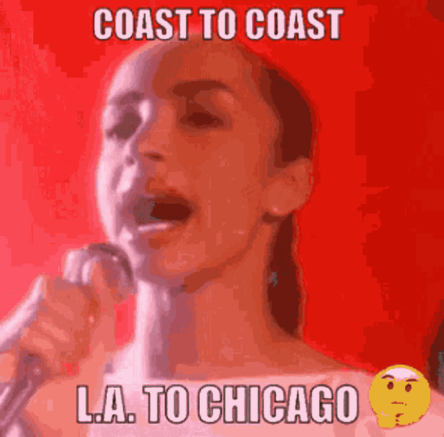 a woman singing into a microphone with the words coast to coast l.a. to chicago on the bottom