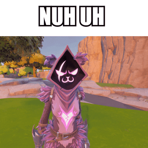 a video game character with a purple hood and the words nuhuh on the bottom