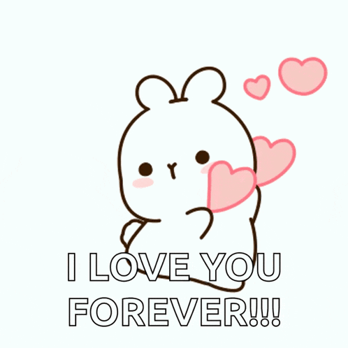 a cartoon rabbit is holding two pink hearts and says " i love you forever "
