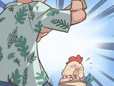 a cartoon of a man and a chicken with a leafy shirt on