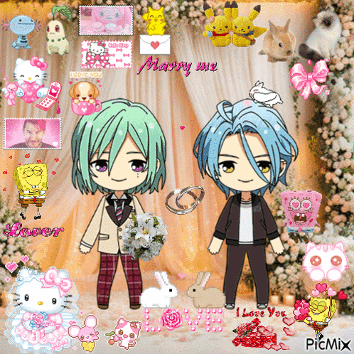 a couple of cartoon characters standing next to each other with the words marry me on the top