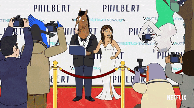 a cartoon of a man and woman standing on a red carpet with philbert written on the back