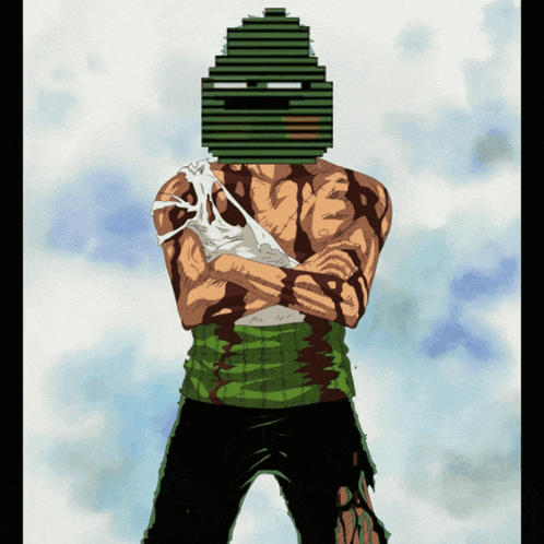a drawing of a man with his arms crossed and a green helmet on his head