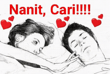 a black and white drawing of a man and a woman laying in bed with hearts flying around them .