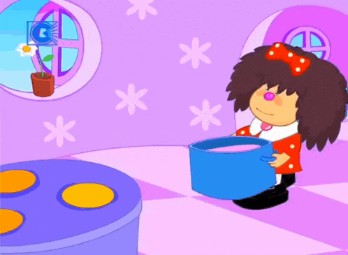 a cartoon girl is holding a blue pot in front of a window with a g on it