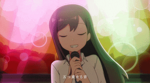 a cartoon girl singing into a microphone with chinese writing on the bottom