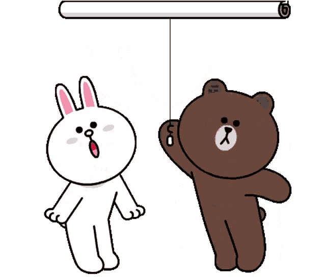 a brown bear and a white rabbit are standing next to each other under a sign that says i love you .