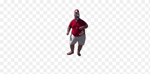 a man wearing a red shirt and white shorts is running on a checkered background .