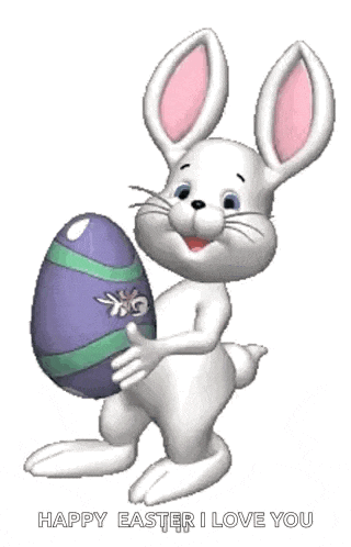 a cartoon easter bunny is holding a purple egg with the words happy easter i love you below it .