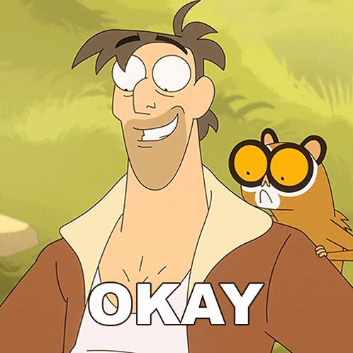 a cartoon of a man and an owl with the word okay on the bottom right