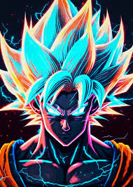 a colorful painting of a man with blue hair and lightning bolts coming out of his eyes .