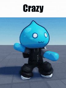 a blue cartoon character with the word crazy on the top
