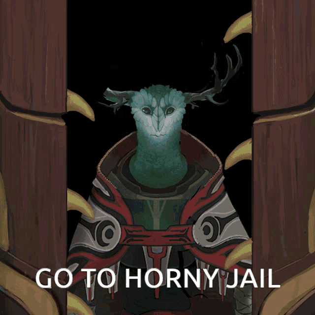a drawing of a monster with horns and the words go to horny jail below it