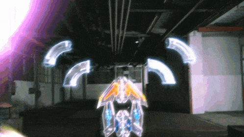 a glowing object is flying through a dark hallway