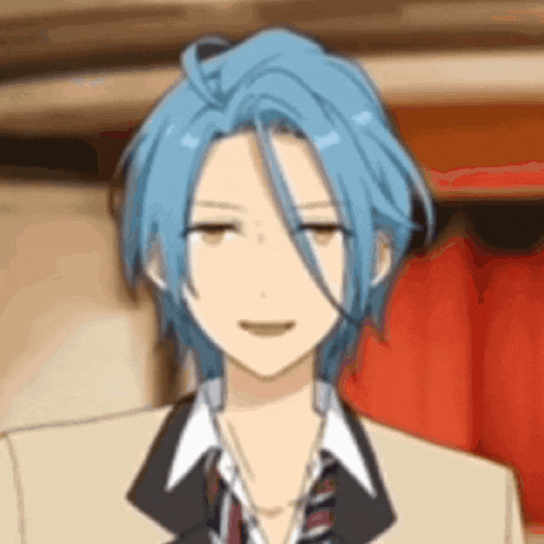 a close up of a person 's face with blue hair and a tie .