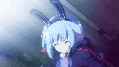 a girl with blue hair and bunny ears is standing in a dark room