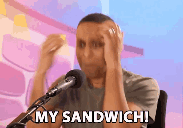 a man sitting in front of a microphone with his hands on his head saying my sandwich