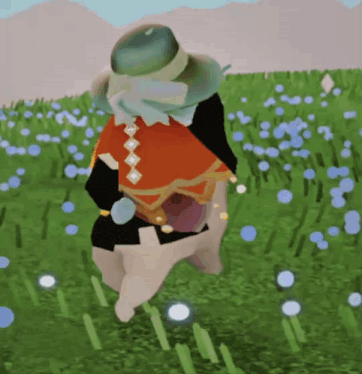 a cartoon character is standing in a field of flowers wearing a hat and a cape .