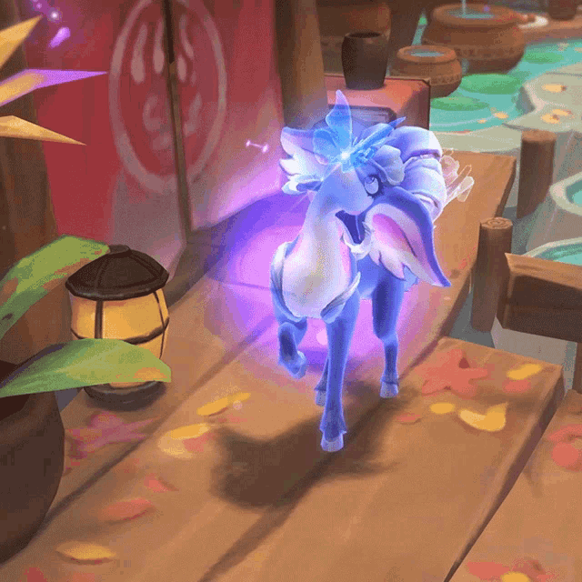 a blue animal with a flower on its head is standing on a wooden dock