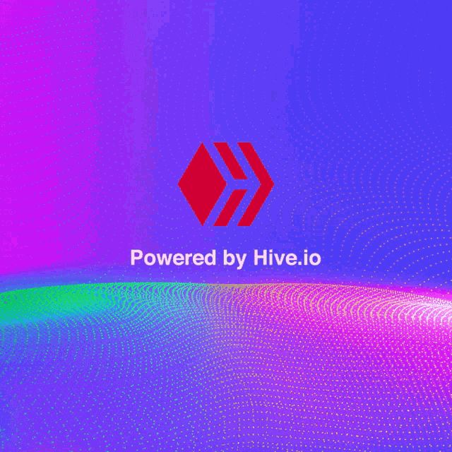 a colorful background with a red diamond and the words powered by hive.io below it