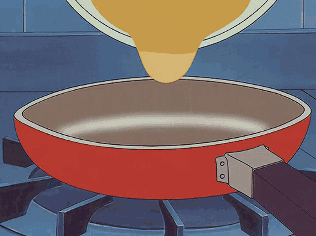 a cartoon drawing of a frying pan being filled with a yellow liquid