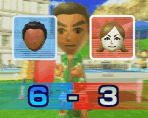 a man and a woman are playing a video game and the score is 0-3