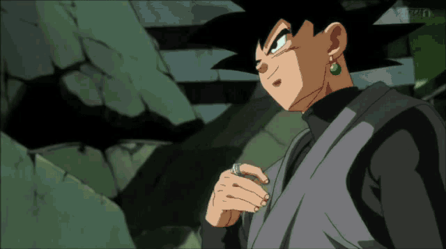 a cartoon character with a green earring and a ring on his left hand