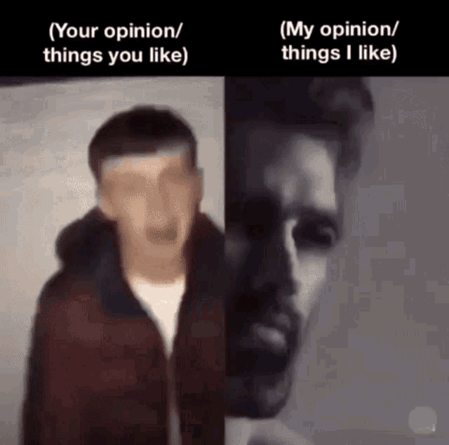 a man with a beard is standing next to another man with a beard and says " your opinion / things you like "