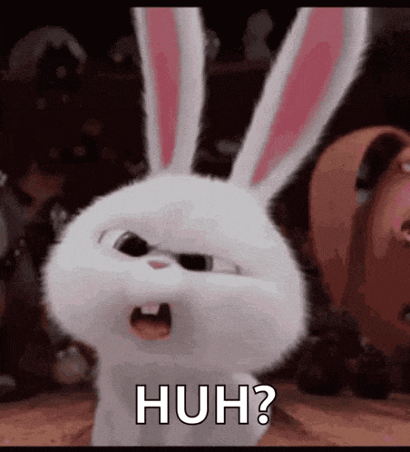 a rabbit from the secret life of pets is making a funny face and says huh ?
