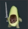 a cat wearing an avocado costume is holding a sword .