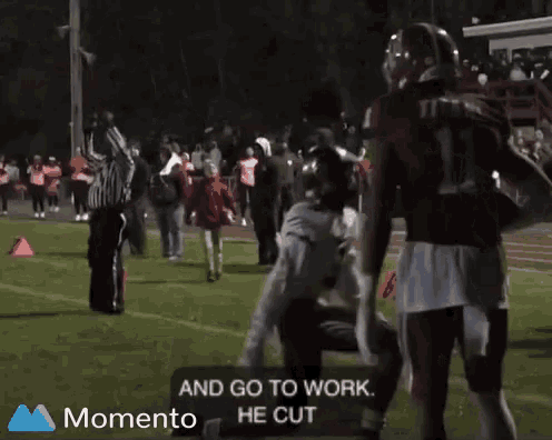 a football player says " and go to work he cut " in front of a crowd